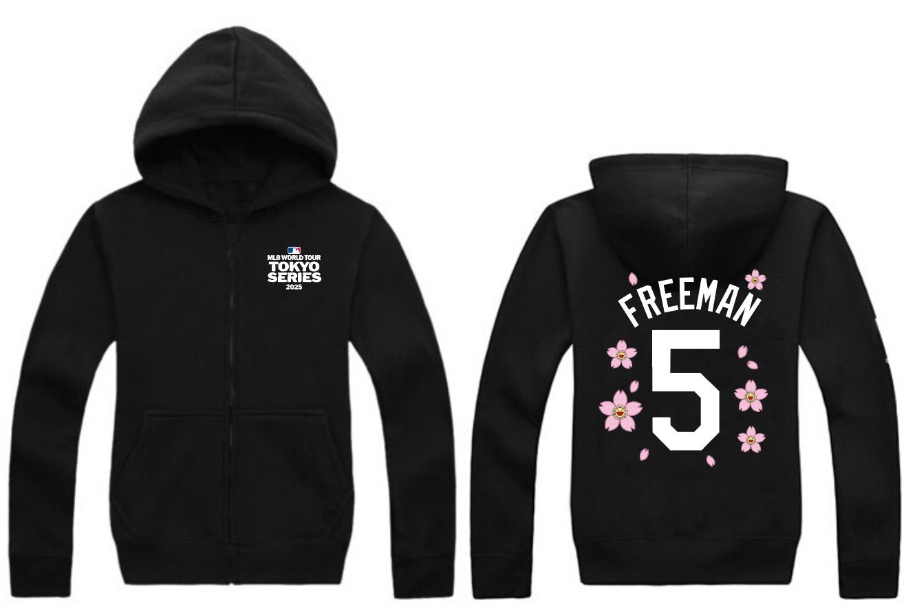 Men Los Angeles Dodgers 5 Freeman Black Zipper hoodie 2025 MLB Jersey style 1